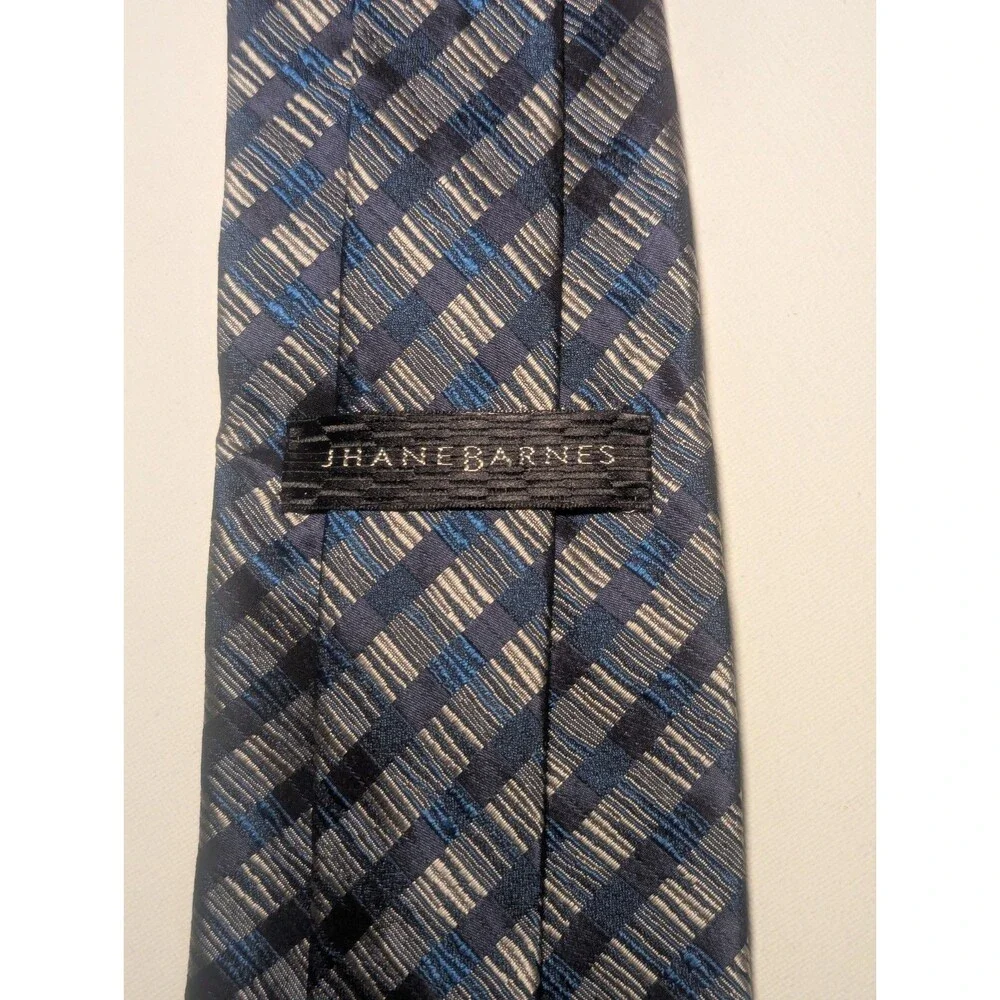 JHANE BARNES Men's 100% Silk Necktie Designer Striped Blues/ Taupe Luxury Tie